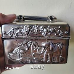 Antique Vintage Silver Plate Box w Exotic Animal Decorations 1800s RARE
