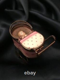 FAB! Rare! Vintage Limoges Peint Main Baby Carriage w Baby Trinket Box Signed BC