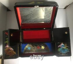 Japanese. Black Lacquer Jewelry, music Box Lights Rare Ship Inside Box Vintage