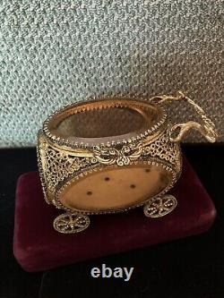 ORMOLU Vintage Victorian Carriage Jewelry Box With Beveled Amber Glass- Rare Piece