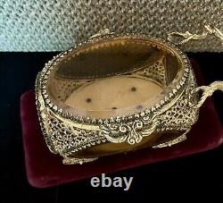 ORMOLU Vintage Victorian Carriage Jewelry Box With Beveled Amber Glass- Rare Piece