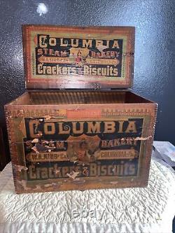 RARE EARLY 19th C COLUMBIA VINT WOODEN BISCUIT BOX R. GAIR NY, ORIG PAPER LABEL