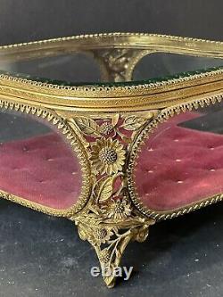 RARE MATSON Vintage Gold SUNFLOWERS Jewelry Box Casket Antique BEVELED Glass