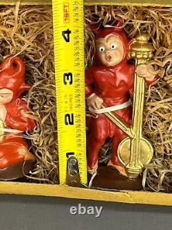 RARE NOS Set of 5 Vintage Red Devil Pixie Elf Musician Figurines in Box (A)