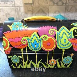 RARE VINTAGE 1962 Ohio Art Metal Dome Lunch Box Pail in Mod Tulips w accessories