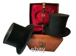 RARE Victorian Double Top Hat Box Case With 2 Hats Folding Opera & Plush Silk