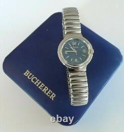 RARE Vintage BUCHERER 956.730 Flex SS Bracelet Blue 25mm SWISS Watch New In Box
