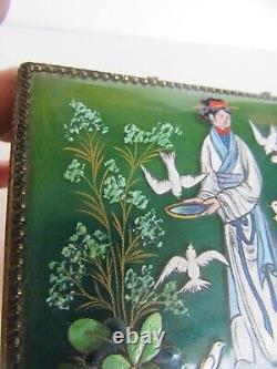 RARE Vintage French Camile Faure Limoges Deco Enamel Geisha Doves Jewelry Box