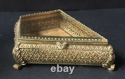 RARE! Vintage Gold Ormolu Jewelry Box Casket Antique DIAMOND ANIMAL FEET Glass