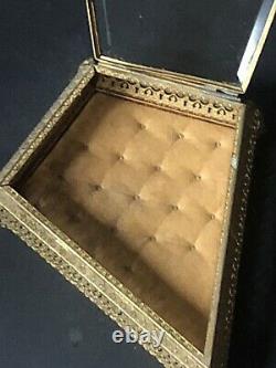 RARE! Vintage Gold Ormolu Jewelry Box Casket Antique DIAMOND ANIMAL FEET Glass