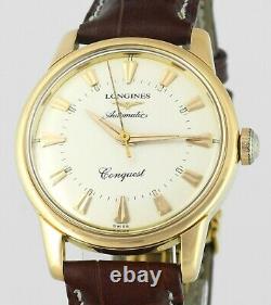 Rare 1957 LONGINES Conquest Automatic 18Kt Gold Vintage Mens Wrist Watch In Box