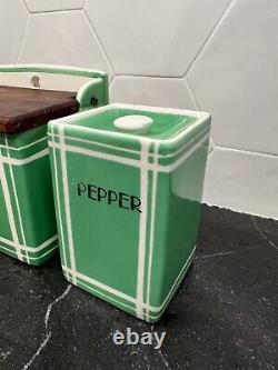 Rare Ceramic Jadeite Salt Box Wood Lid Allspice Pepper Canisters Made in Japan