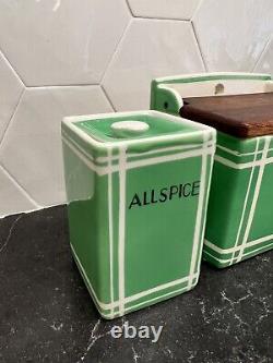 Rare Ceramic Jadeite Salt Box Wood Lid Allspice Pepper Canisters Made in Japan