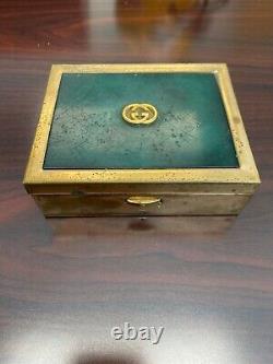 Rare Vintage 1970s GUCCI EMERALD GREEN & Gold Cigarette Box withWood Interior