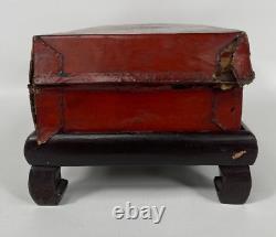 Rare Vintage Chinese red lacquer storage leather box with wood stand