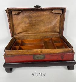 Rare Vintage Chinese red lacquer storage leather box with wood stand