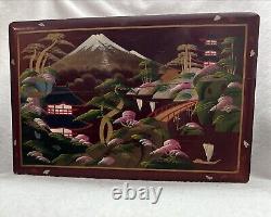 Rare Vintage Large Jewelry Box Oriental Compartments Musical Lacquer Mirror Pink