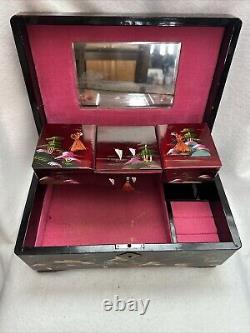 Rare Vintage Large Jewelry Box Oriental Compartments Musical Lacquer Mirror Pink