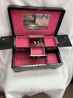 Rare Vintage Large Jewelry Box Oriental Compartments Musical Lacquer Mirror Pink