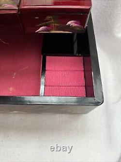 Rare Vintage Large Jewelry Box Oriental Compartments Musical Lacquer Mirror Pink