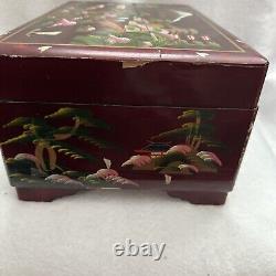 Rare Vintage Large Jewelry Box Oriental Compartments Musical Lacquer Mirror Pink