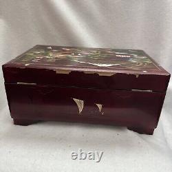 Rare Vintage Large Jewelry Box Oriental Compartments Musical Lacquer Mirror Pink