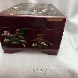 Rare Vintage Large Jewelry Box Oriental Compartments Musical Lacquer Mirror Pink