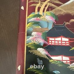 Rare Vintage Large Jewelry Box Oriental Compartments Musical Lacquer Mirror Pink