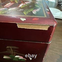 Rare Vintage Large Jewelry Box Oriental Compartments Musical Lacquer Mirror Pink