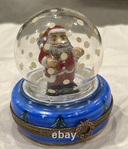 Rare Vintage Limoges France Christmas Trinket Pill Box Santa Under Snow Globe