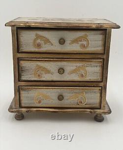 Rare Vintage Wooden Florentine Music Box Jewelry Box Dresser 3 Drawers