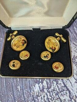 VINTAGE RARE POPEYE SAILOR GOLD NAVY Cufflinks Stud Button Set Wedding Gift Box