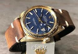 VINTAGE ROLEX DATEJUST 36MM 1601 18K YELLOW GOLD RARE BLUE BRICK DIAL WithBOX