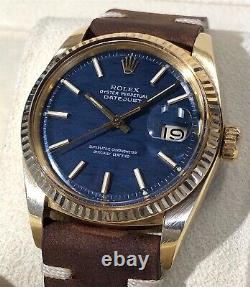 VINTAGE ROLEX DATEJUST 36MM 1601 18K YELLOW GOLD RARE BLUE BRICK DIAL WithBOX