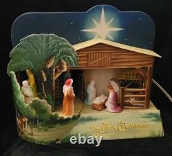 VINTAGE THE FIRST CHRISTMAS LIGHTED MUSIC BOX NATIVITY CLEMCO-1940s Rare