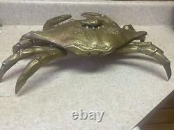 Vintage Brass Cast Rare Large Mama Crab Baby On Back Ashtray Trinket Box
