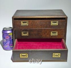 Vintage Campaign Style Chest Three Drawer Brass Pulls Jewelry Box RARE
