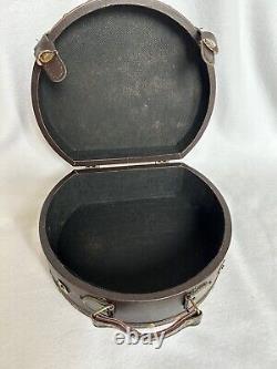 Vintage Hat Box Leather Small Round Brown Suitcase Travel Train Case Box RARE