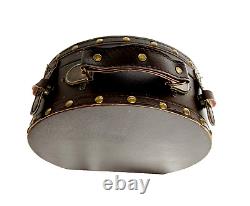 Vintage Hat Box Leather Small Round Brown Suitcase Travel Train Case Box RARE