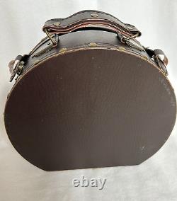 Vintage Hat Box Leather Small Round Brown Suitcase Travel Train Case Box RARE