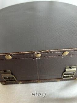 Vintage Hat Box Leather Small Round Brown Suitcase Travel Train Case Box RARE