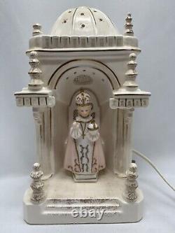 Vintage INFANT JESUS OF PRAGUE Plaster CATHOLIC Illuminated Altar Music Box RARE