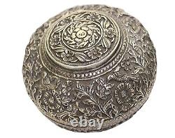 Vintage Jewelry Box Silver Box Round Hand Carving Indian Rare Collectible Decora