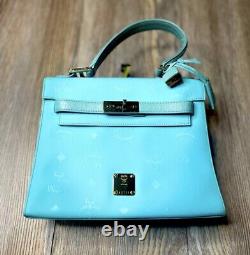 Vintage MCM Rare Aqua Blue Monogram Style Top Handle 2Way Satchel Crossbody Bag