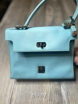 Vintage MCM Rare Aqua Blue Monogram Style Top Handle 2Way Satchel Crossbody Bag