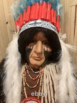 Vintage Native American Indian Chief Porcelain Doll VERY RARE W BOX & STAND 5 FT