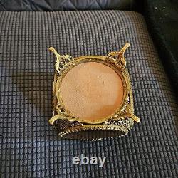 Vintage Ormolu French Trinket Jewelry Box Amber Glass Casket Filigree RARE