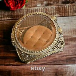 Vintage Ormolu French Trinket Jewelry Box Amber Glass Casket Filigree RARE