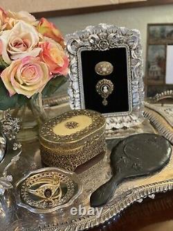 Vintage Ormolu Jewelry Box Rose Pattern Celluloid RARE