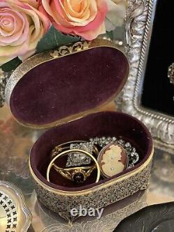 Vintage Ormolu Jewelry Box Rose Pattern Celluloid RARE